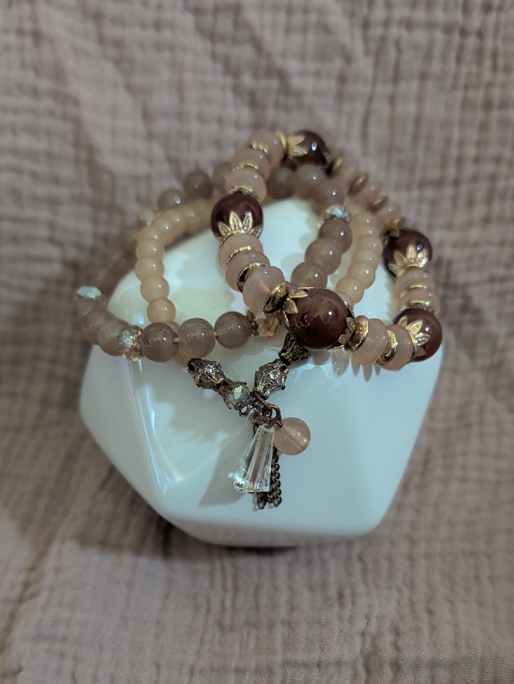 Beaded Stretch Bracelet Set in Champagne and Brown - Elegant Layered Style